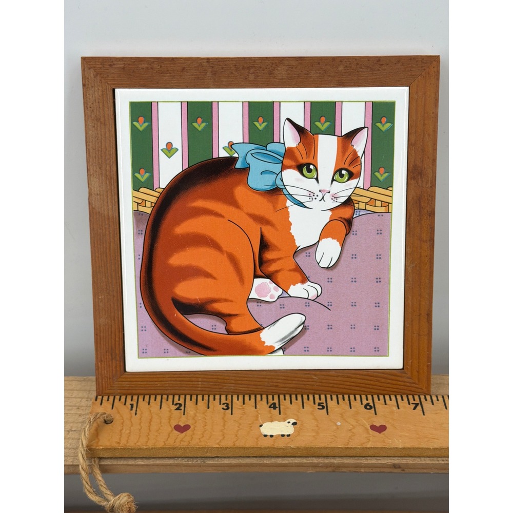 Vtg '82 Orange Tabby Cat Ceramic Tile Framed Wall Hanging 7x7" Art Cat Lady‎